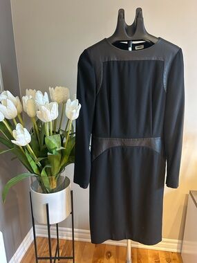 L'AGENCE Black Long-Sleeve Ponte Dress with Real Leather Panels Size 8